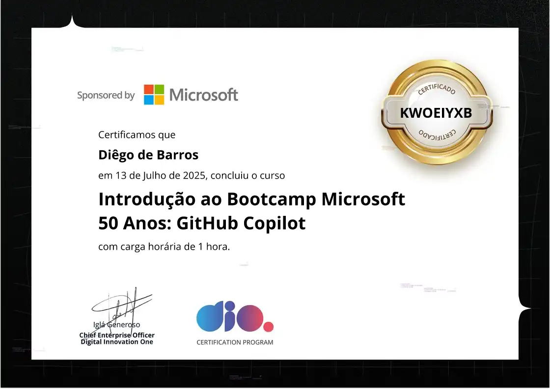 certificate of Introdução ao Bootcamp Microsoft 50 Anos: GitHub Copilot