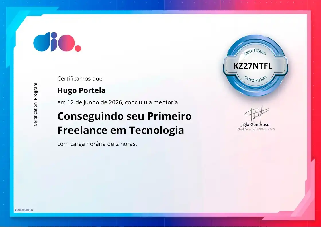 certificate of Conseguindo seu Primeiro Freelance em Tecnologia