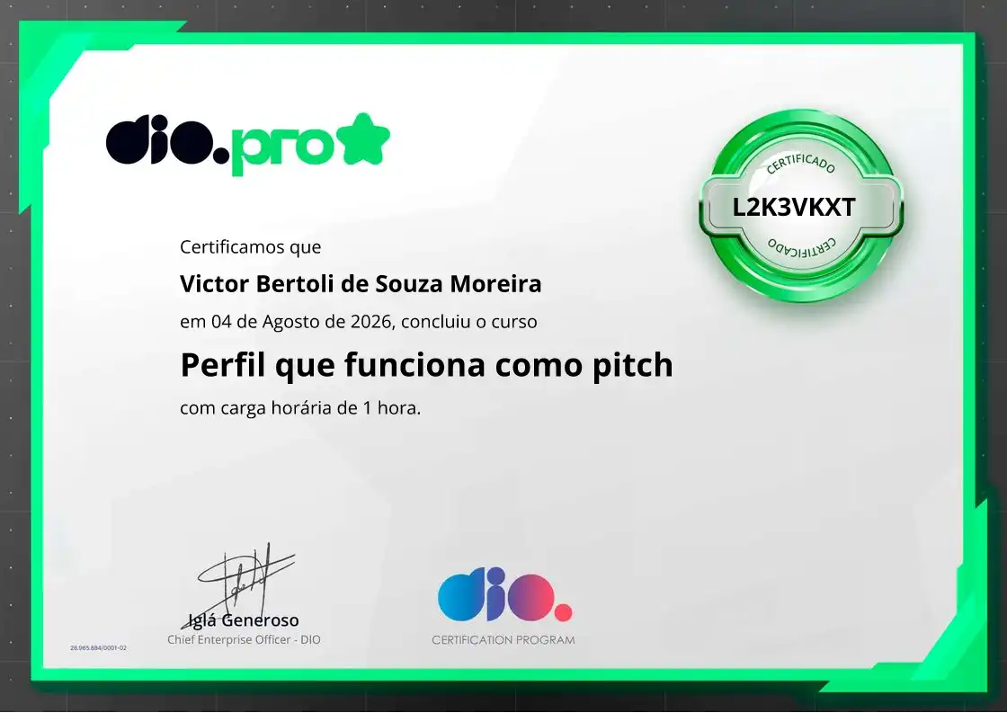 certificate of Perfil que funciona como pitch