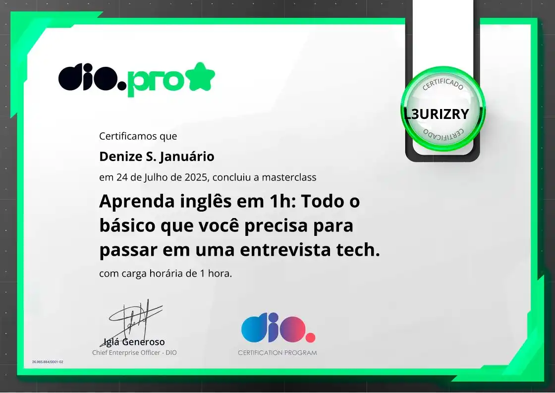 certificate of Aprenda inglês em 1h: Todo o básico que você precisa para passar em uma entrevista tech.