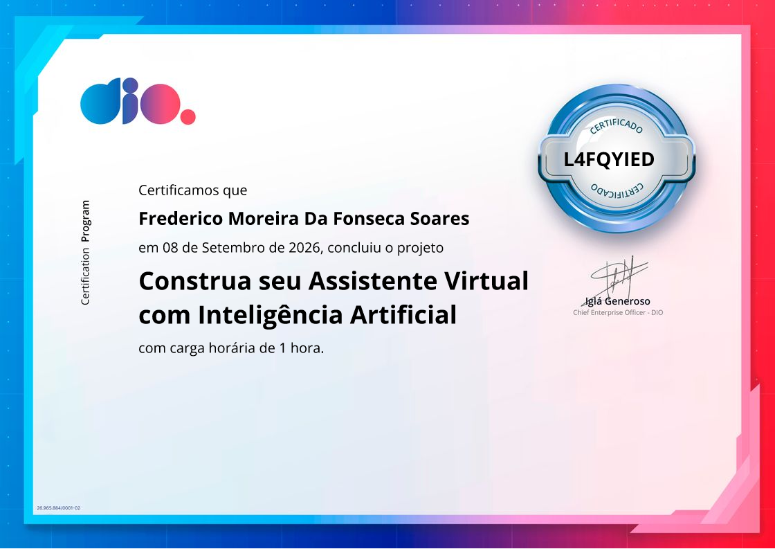 certificate of Construa seu Assistente Virtual com Inteligência Artificial