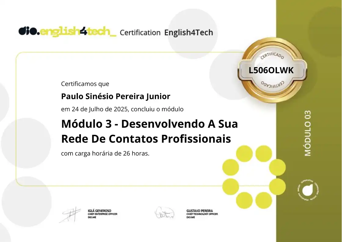 certificate of Módulo 3 - Desenvolvendo A Sua Rede De Contatos Profissionais