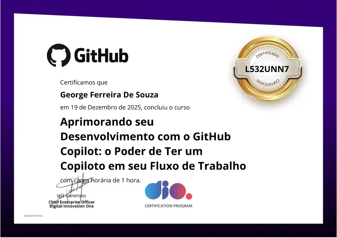 certificate of Aprimorando seu Desenvolvimento com o GitHub Copilot: o Poder de Ter um Copiloto em seu Fluxo de Trabalho