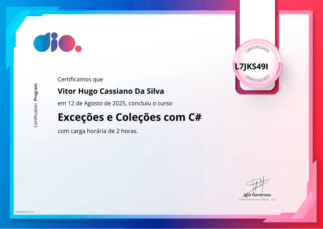 certificate of Exceções e Coleções com C#