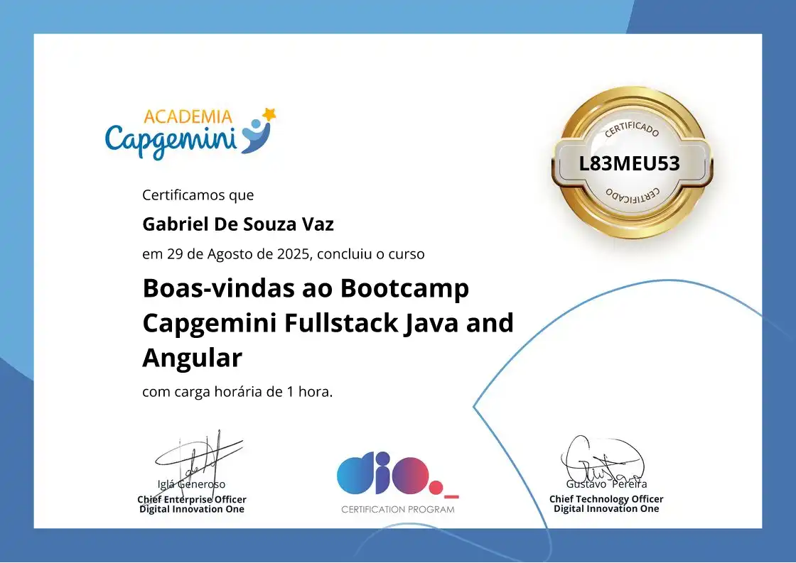 certificate of Boas-vindas ao Bootcamp Capgemini Fullstack Java and Angular