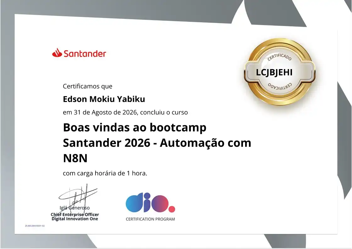 certificate of Boas vindas ao bootcamp Santander 2026 - Automação com N8N