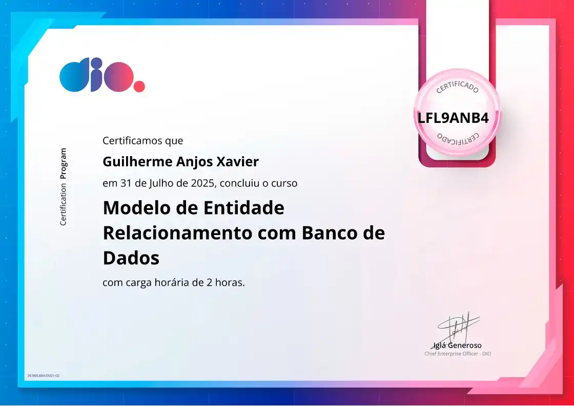 certificate of Modelo de Entidade Relacionamento com Banco de Dados