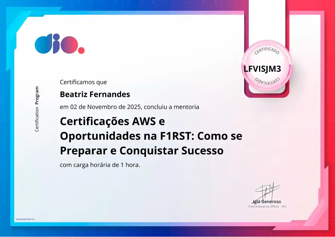 certificate of Certificações AWS e Oportunidades na F1RST: Como se Preparar e Conquistar Sucesso