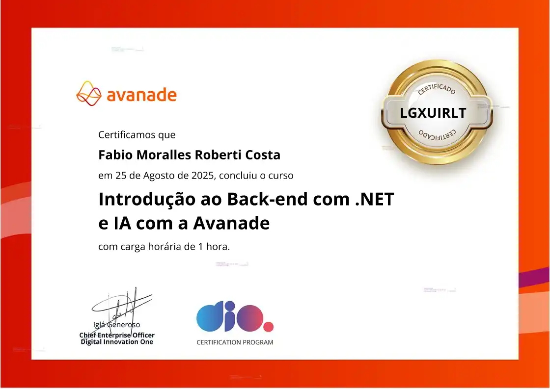 certificate of Introdução ao Back-end com .NET e IA com a Avanade