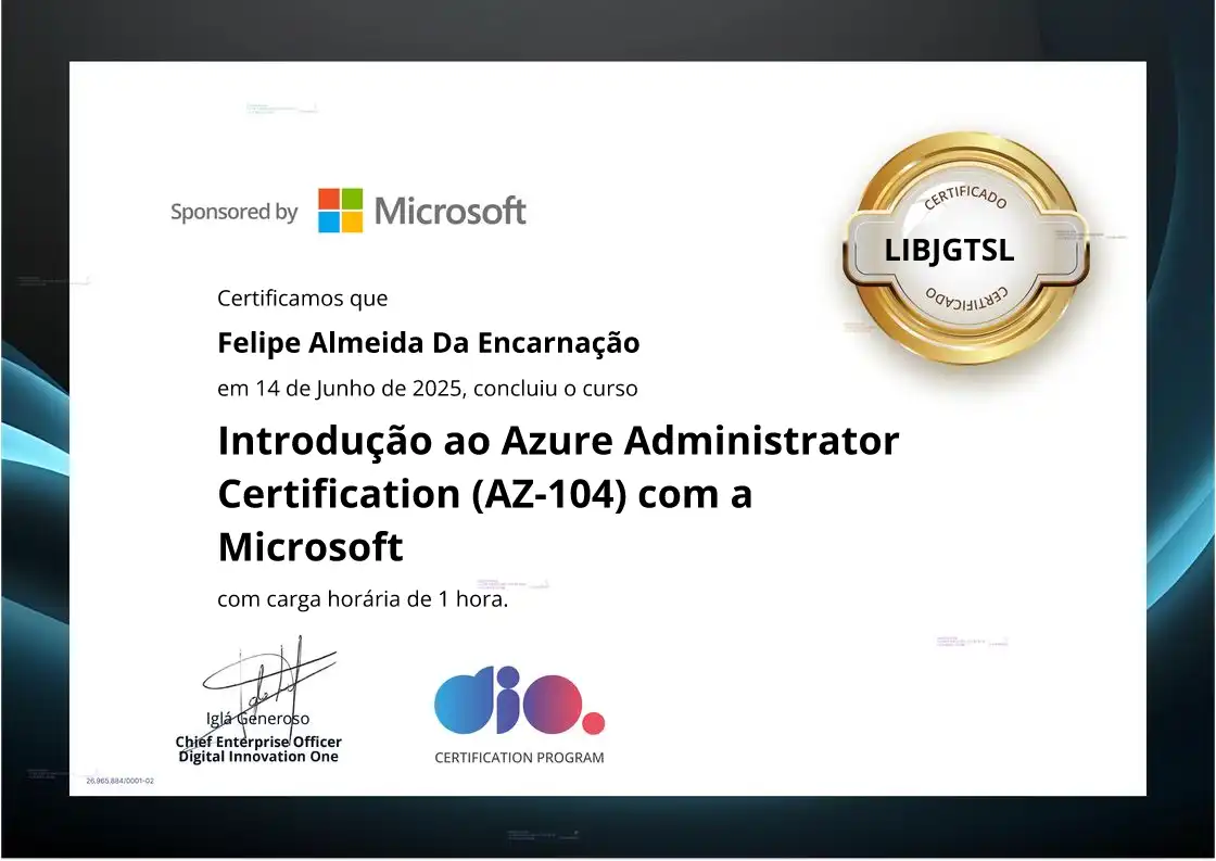 certificate of Introdução ao Azure Administrator Certification (AZ-104) com a Microsoft