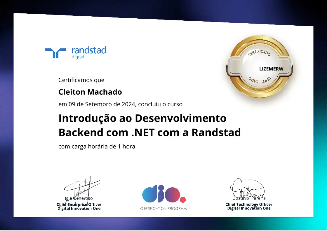 certificate of Introdução ao Desenvolvimento Backend com .NET com a Randstad