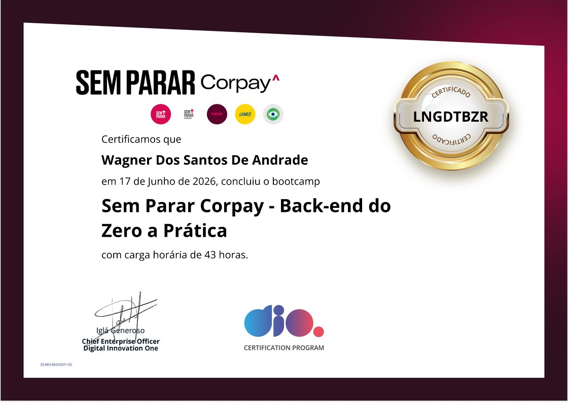 certificate of Sem Parar Corpay - Back-end do Zero a Prática