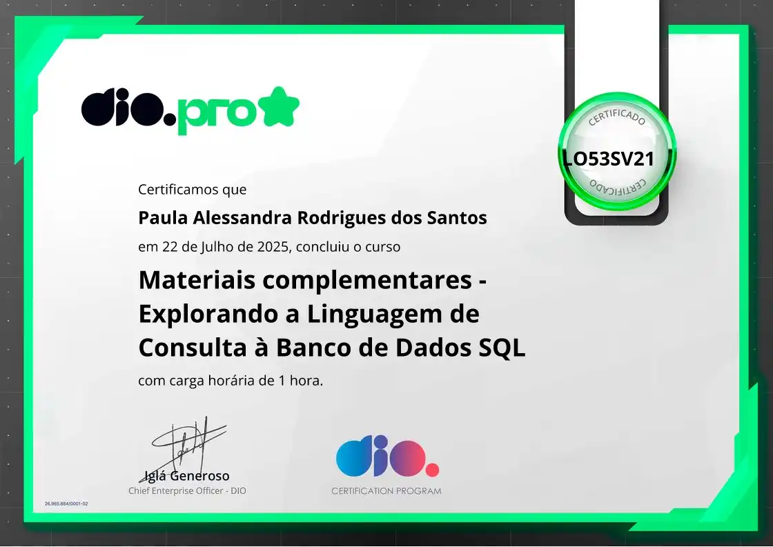 certificate of Materiais complementares - Explorando a Linguagem de Consulta à Banco de Dados SQL
