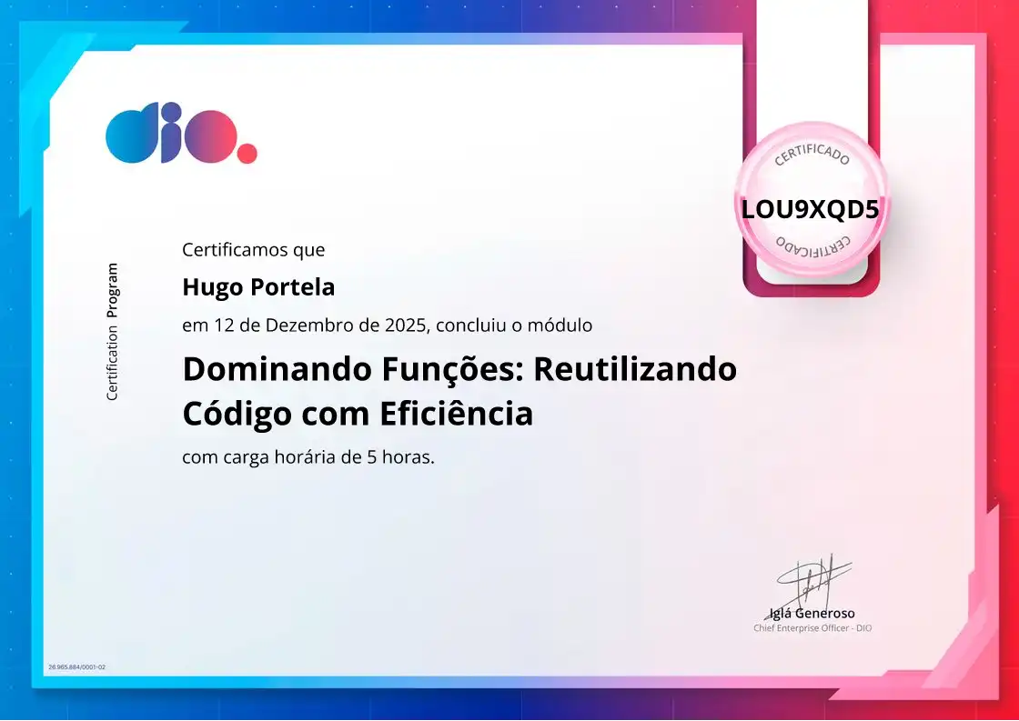 certificate of Dominando Funções: Reutilizando Código com Eficiência