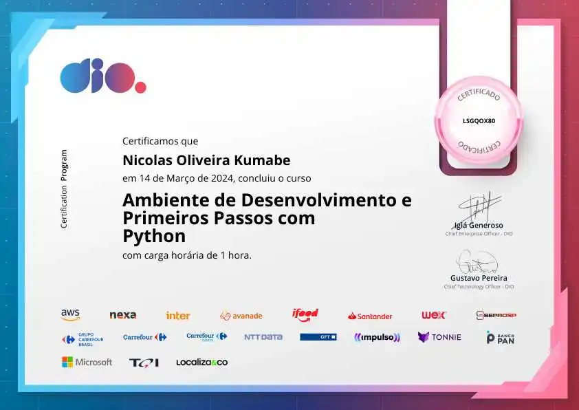 certificate of Ambiente de Desenvolvimento e Primeiros Passos com Python