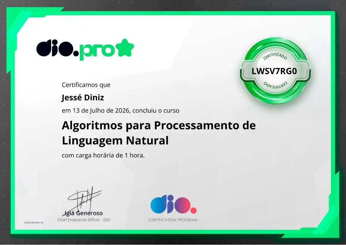 certificate of Algoritmos para Processamento de Linguagem Natural