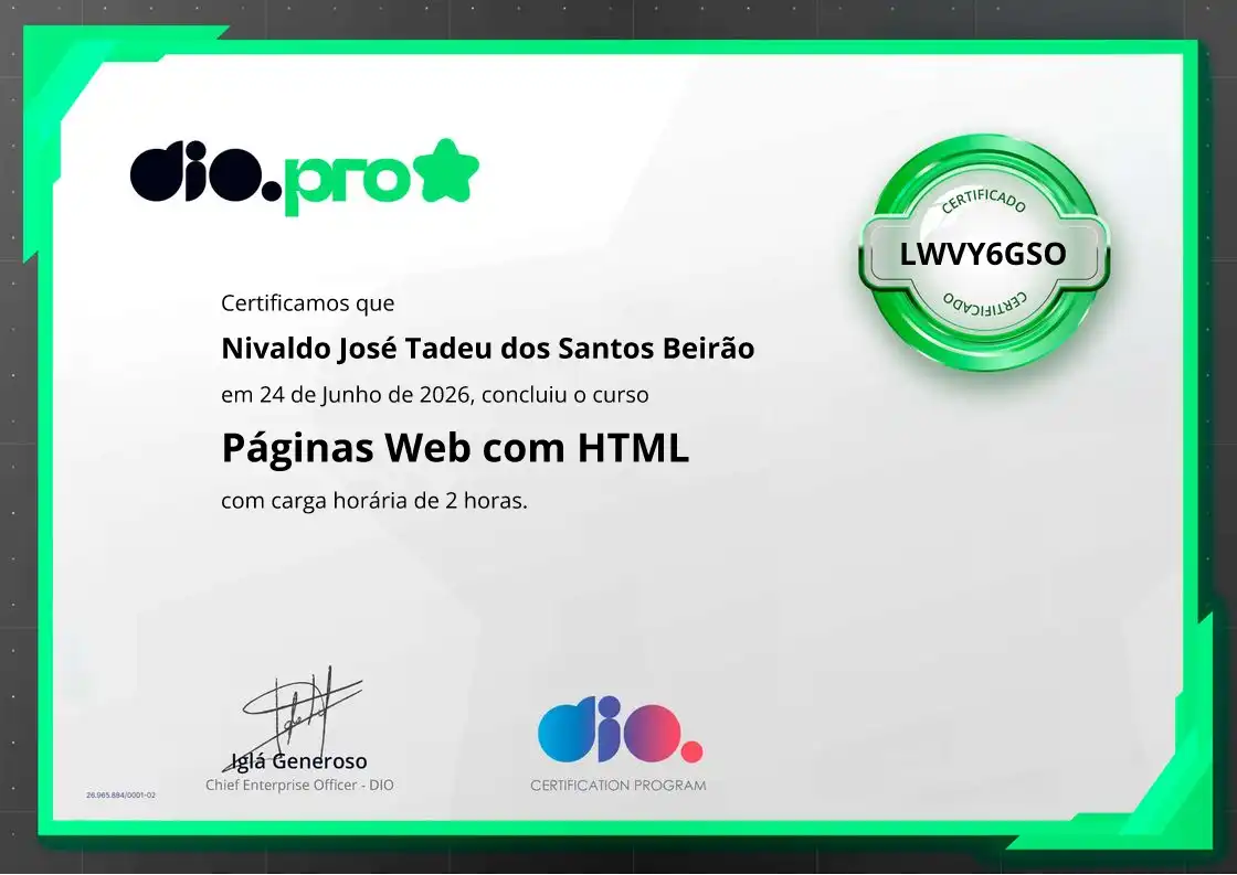 certificate of Páginas Web com HTML