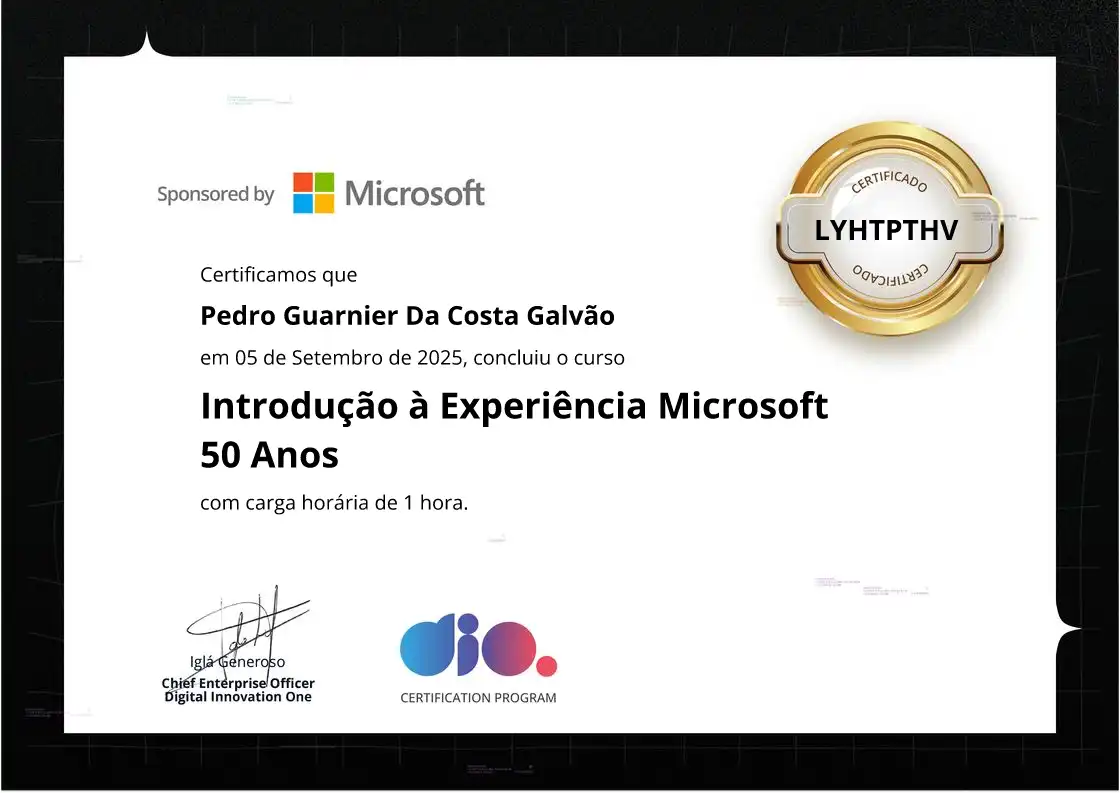 certificate of Introdução à Experiência Microsoft 50 Anos