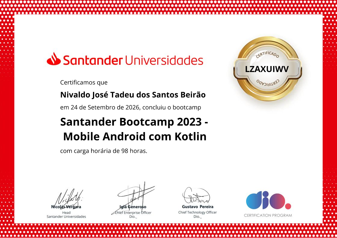 certificate of Santander Bootcamp 2023 -  Mobile Android com Kotlin