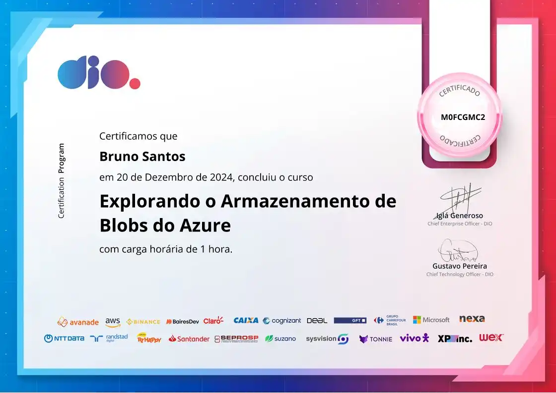 certificate of Explorando o Armazenamento de Blobs do Azure