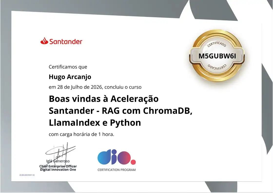 certificate of Boas vindas à Aceleração Santander - RAG com ChromaDB, LlamaIndex e Python