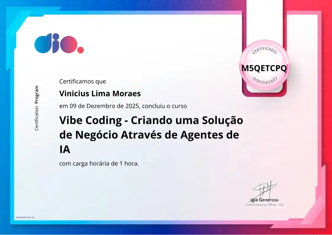 certificate of Vibe Coding - Criando uma Solução de Negócio Através de Agentes de IA