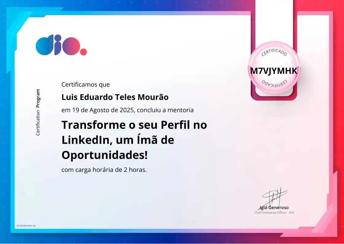 certificate of Transforme o seu Perfil no LinkedIn, um Ímã de Oportunidades!