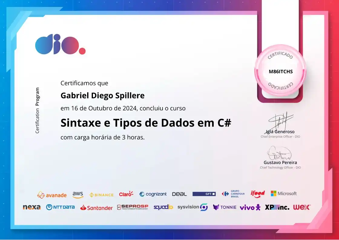 certificate of Sintaxe e Tipos de Dados em C#