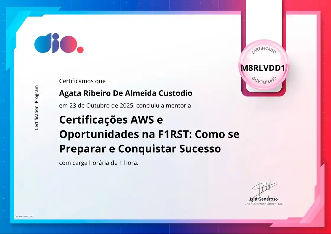 certificate of Certificações AWS e Oportunidades na F1RST: Como se Preparar e Conquistar Sucesso