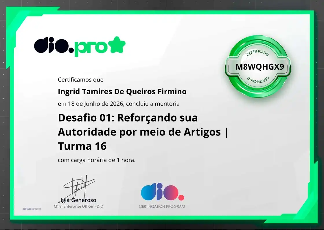 certificate of Desafio 01: Reforçando sua Autoridade por meio de Artigos | Turma 16