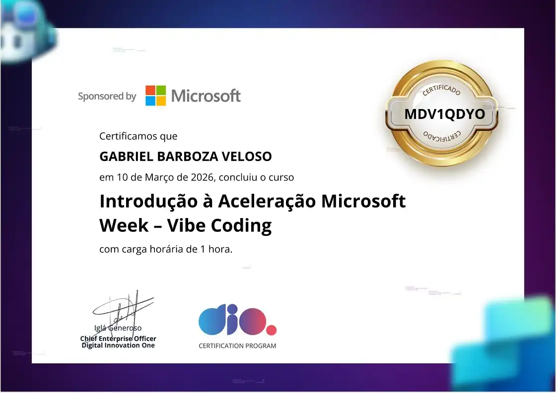 certificate of Introdução à Aceleração Microsoft Week – Vibe Coding