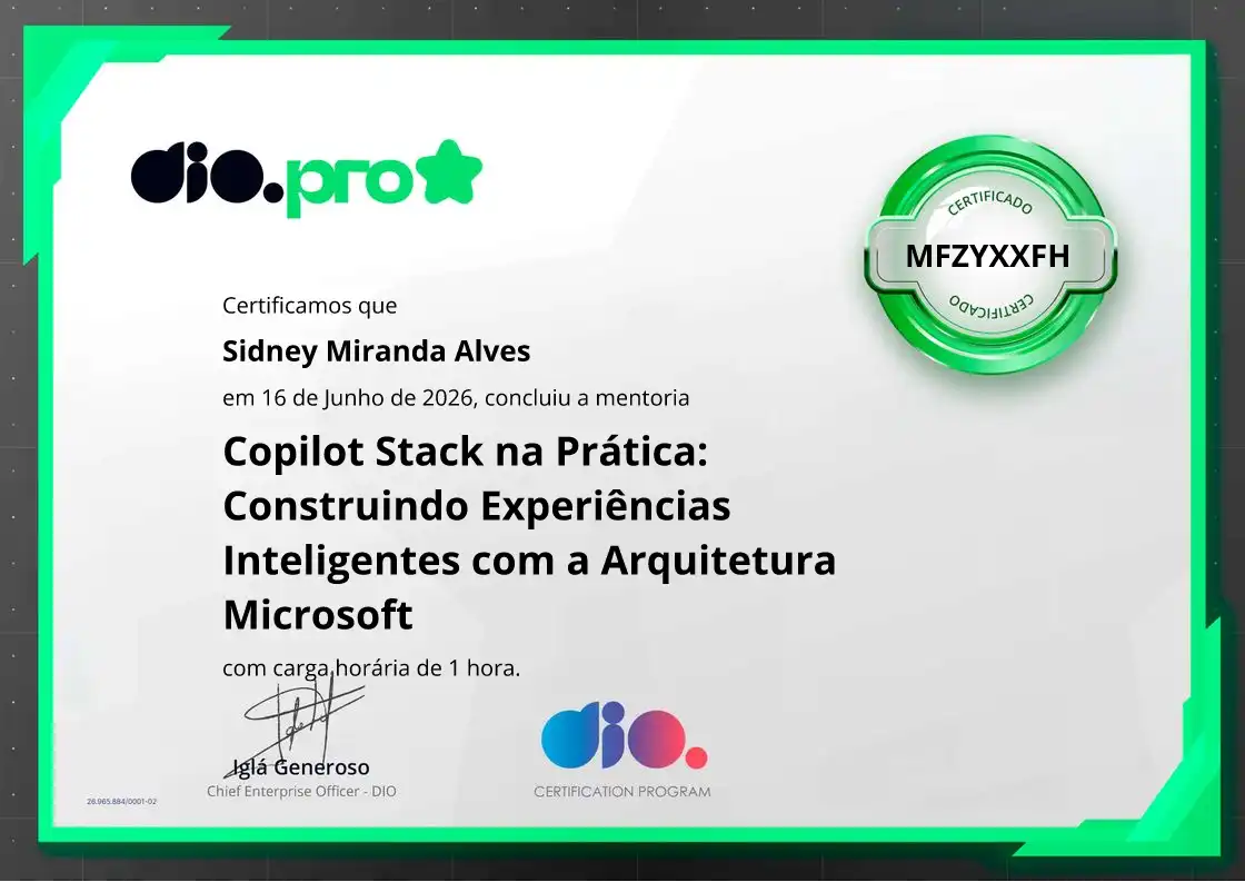 certificate of Copilot Stack na Prática: Construindo Experiências Inteligentes com a Arquitetura Microsoft
