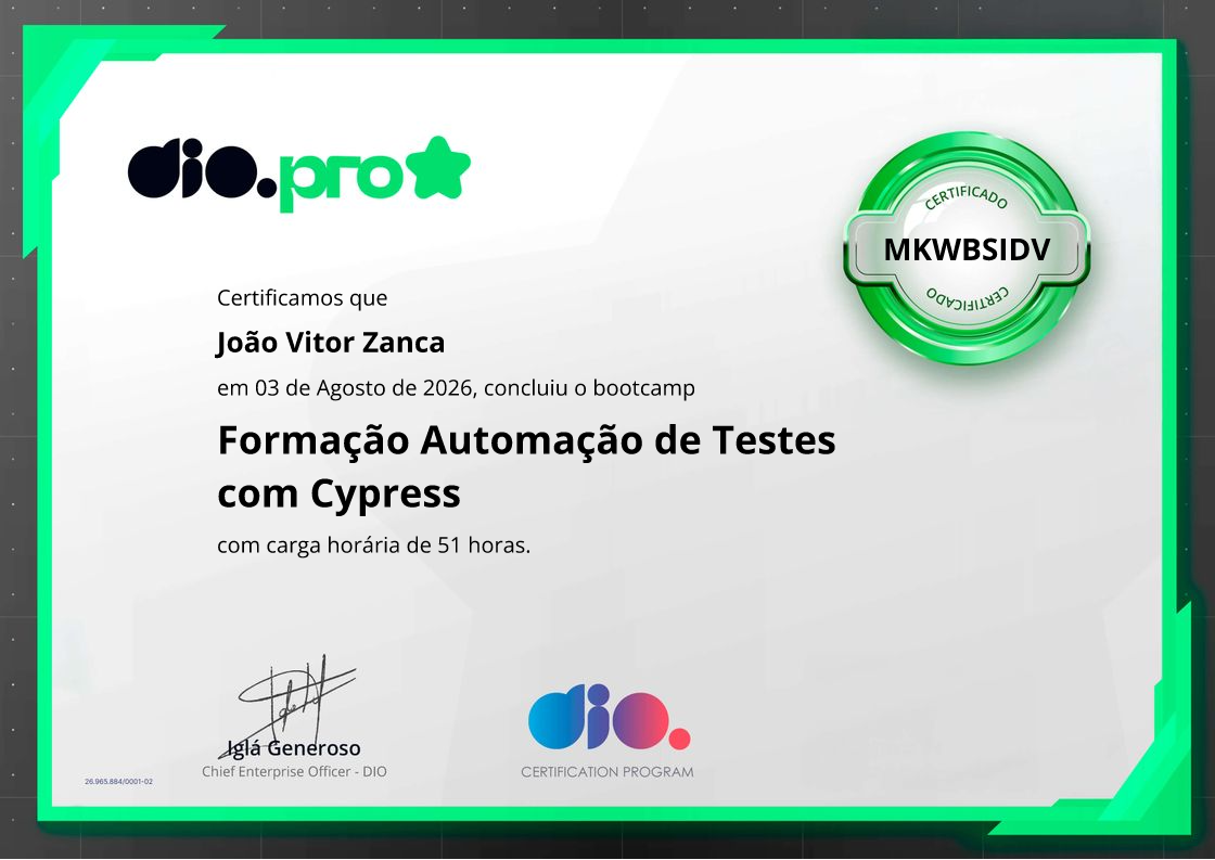 certificate of Formação Automação de Testes com Cypress