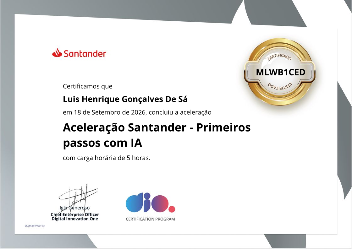 certificate of Aceleração Santander - Primeiros passos com IA
