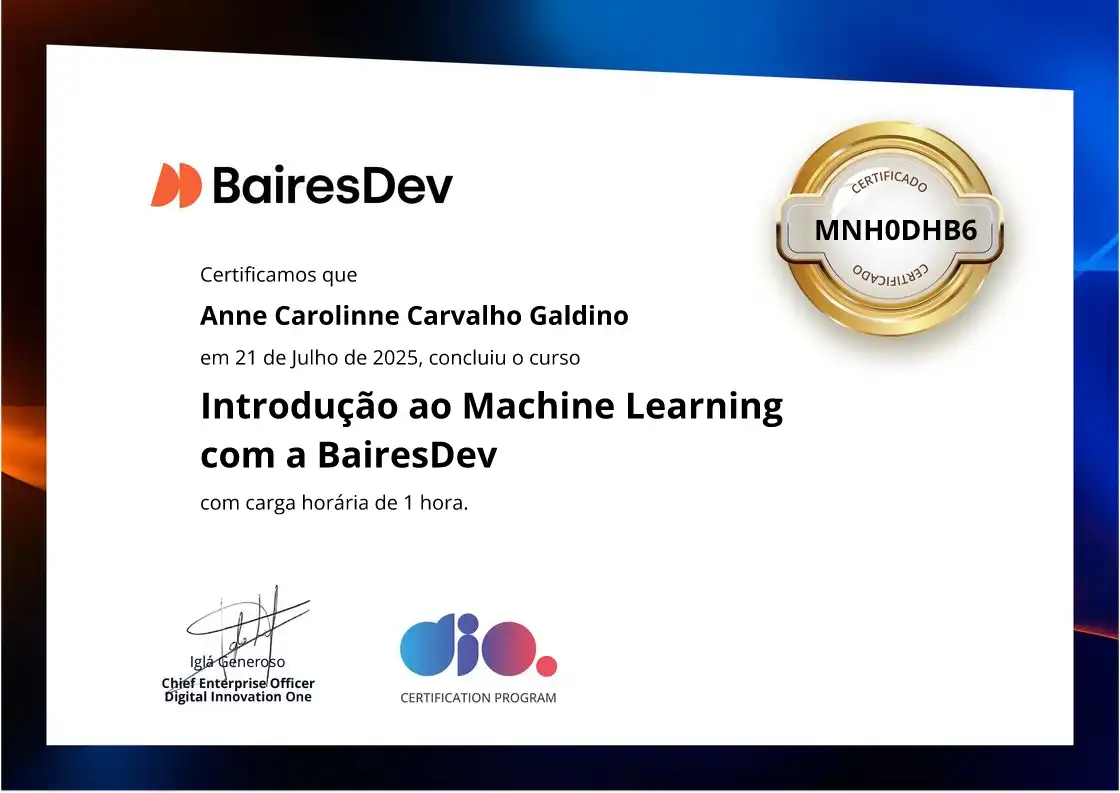 certificate of Introdução ao Machine Learning com a BairesDev
