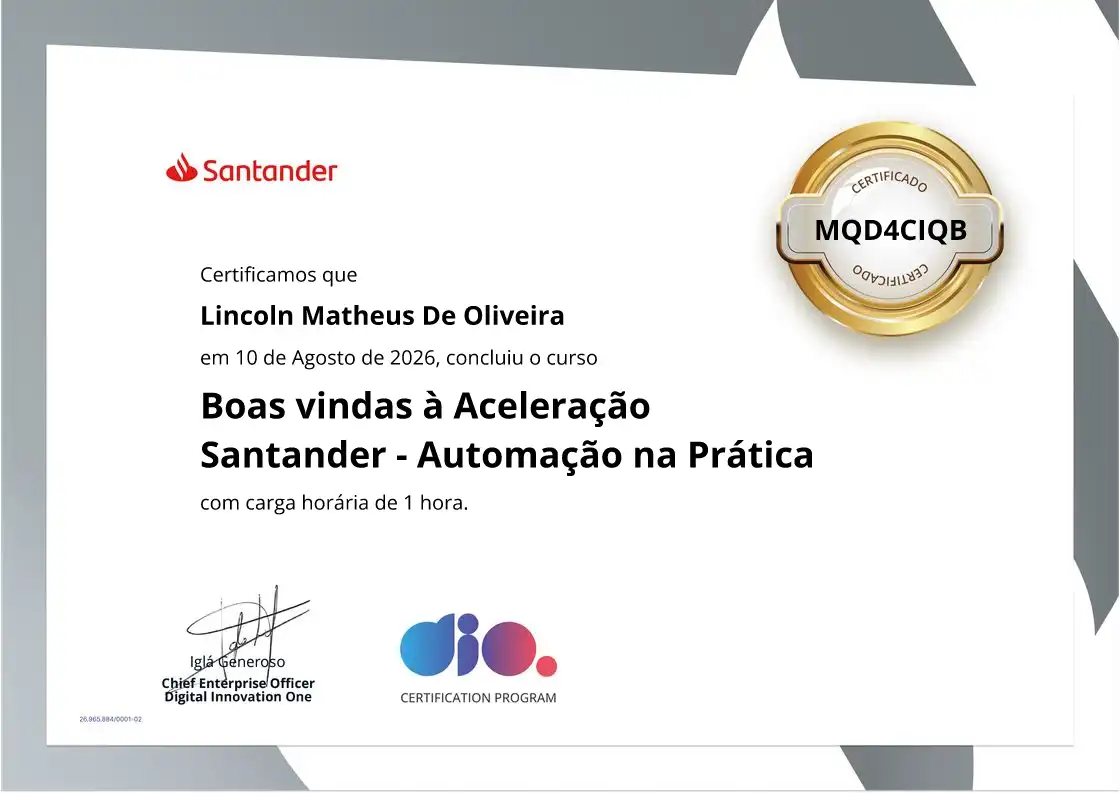 certificate of Boas vindas à Aceleração Santander - Automação na Prática