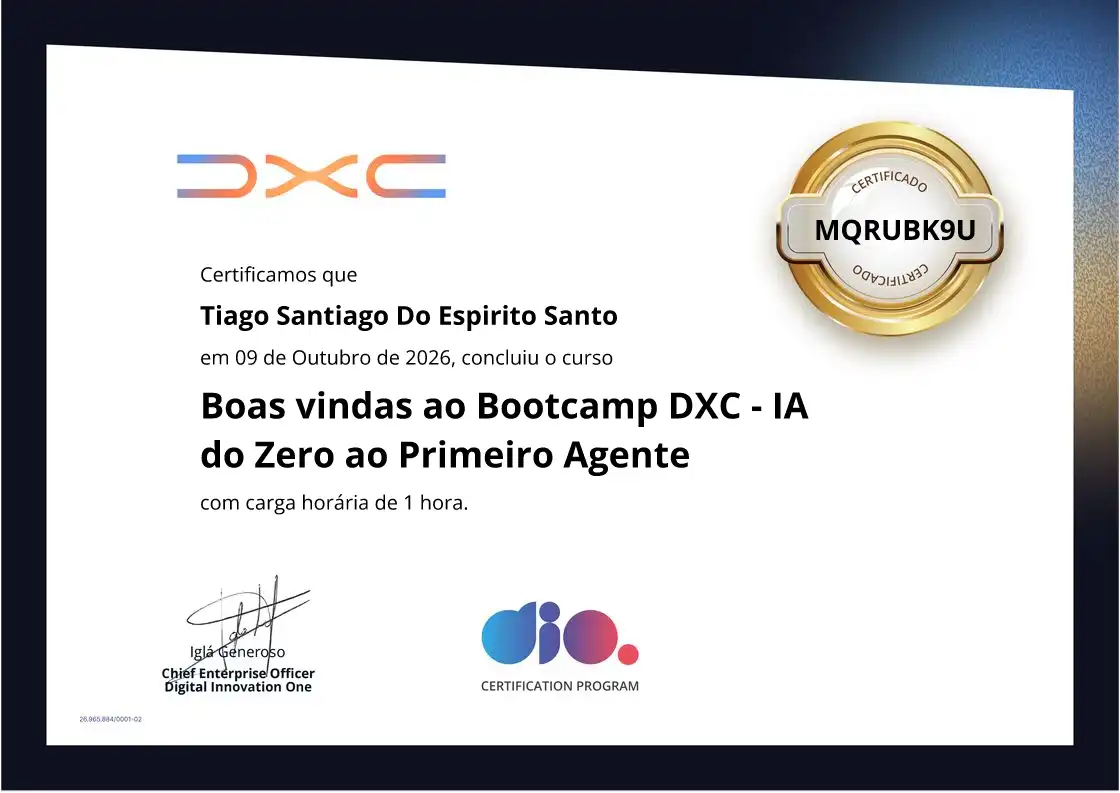 certificate of Boas vindas ao Bootcamp DXC - IA do Zero ao Primeiro Agente