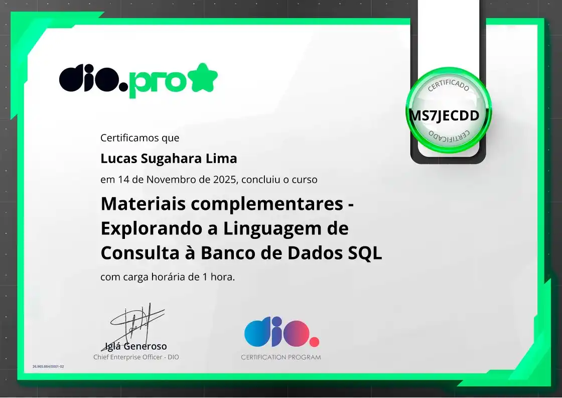 certificate of Materiais complementares - Explorando a Linguagem de Consulta à Banco de Dados SQL