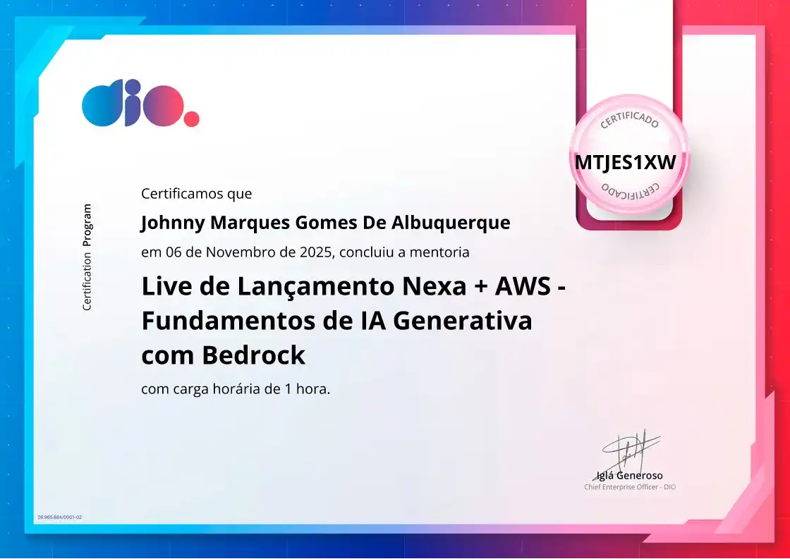 certificate of Live de Lançamento Nexa + AWS - Fundamentos de IA Generativa com Bedrock