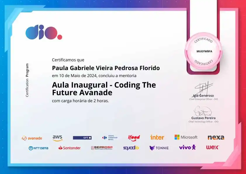 certificate of Aula Inaugural - Coding The Future Avanade