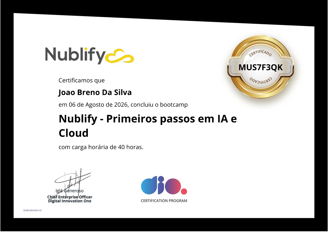 certificate of Nublify - Primeiros passos em IA e Cloud