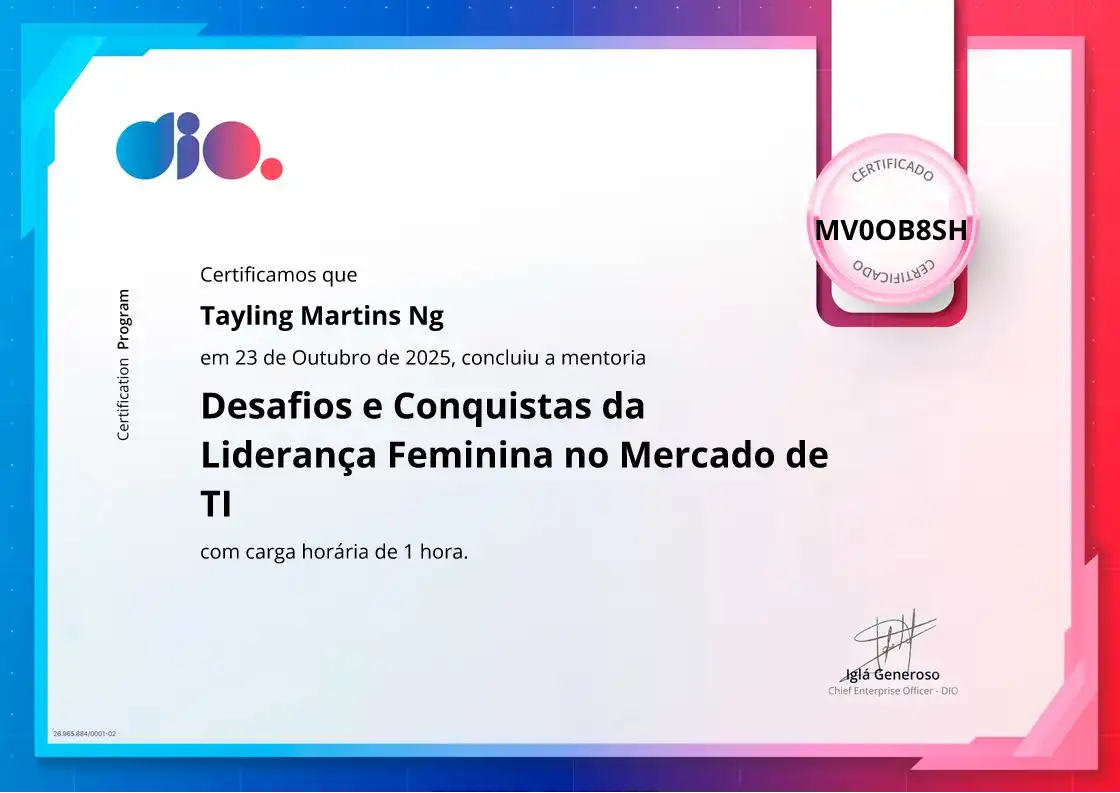 certificate of Desafios e Conquistas da Liderança Feminina no Mercado de TI