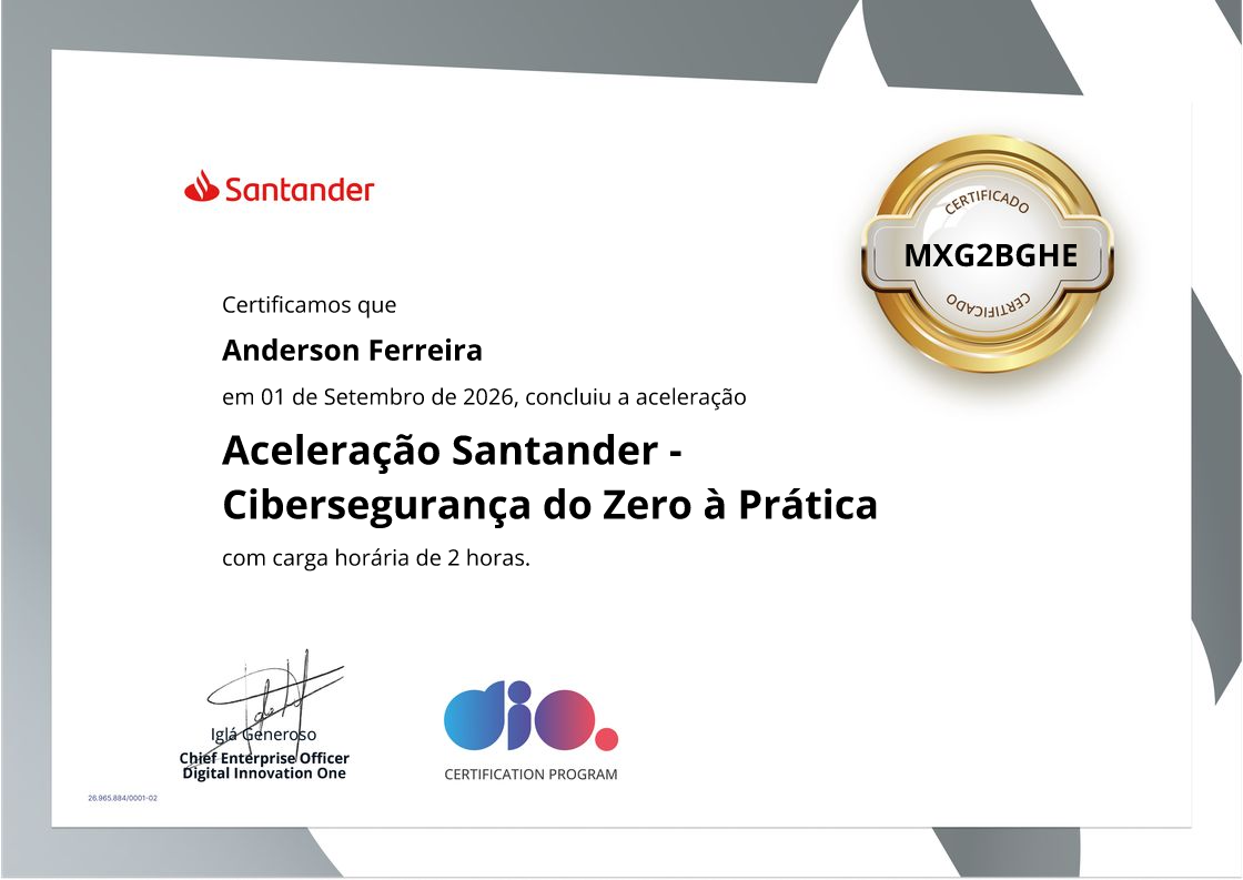 certificate of Aceleração Santander - Cibersegurança do Zero à Prática
