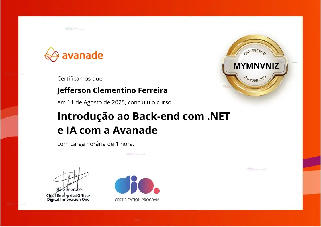 certificate of Introdução ao Back-end com .NET e IA com a Avanade
