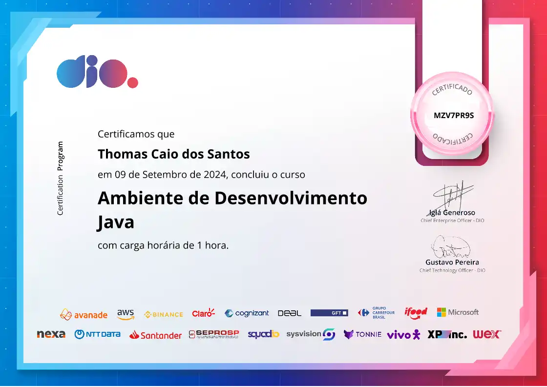 certificate of Ambiente de Desenvolvimento Java