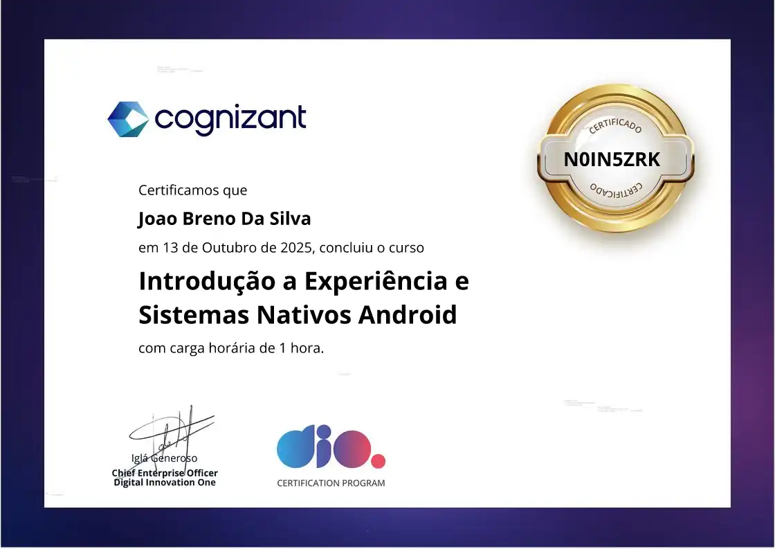 certificate of Introdução a Experiência e Sistemas Nativos Android