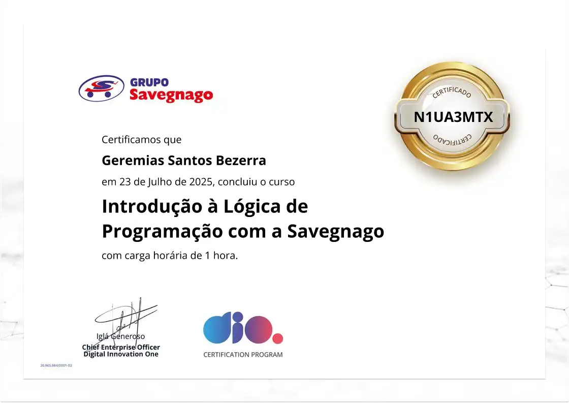 certificate of Introdução à Lógica de Programação com a Savegnago