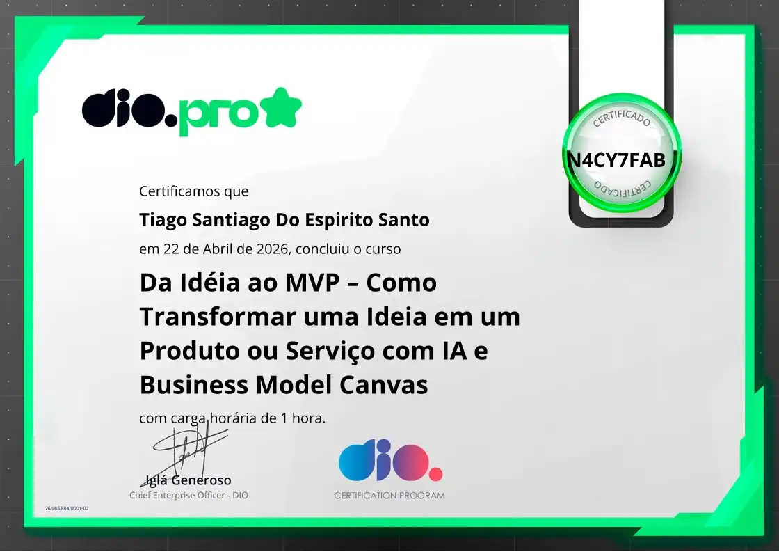 certificate of Da Idéia ao MVP – Como Transformar uma Ideia em um Produto ou Serviço com IA e Business Model Canvas