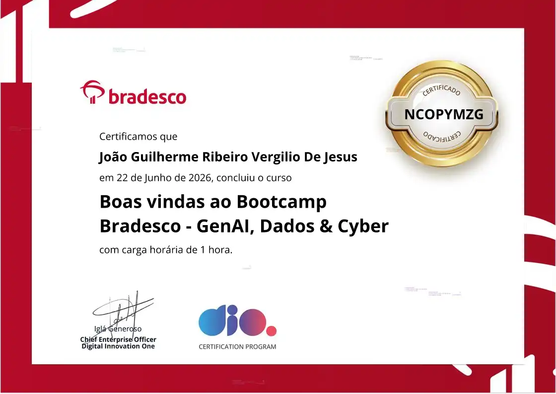 certificate of Boas vindas ao Bootcamp Bradesco - GenAI, Dados & Cyber