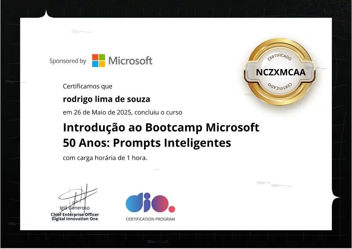 certificate of Introdução ao Bootcamp Microsoft 50 Anos: Prompts Inteligentes
